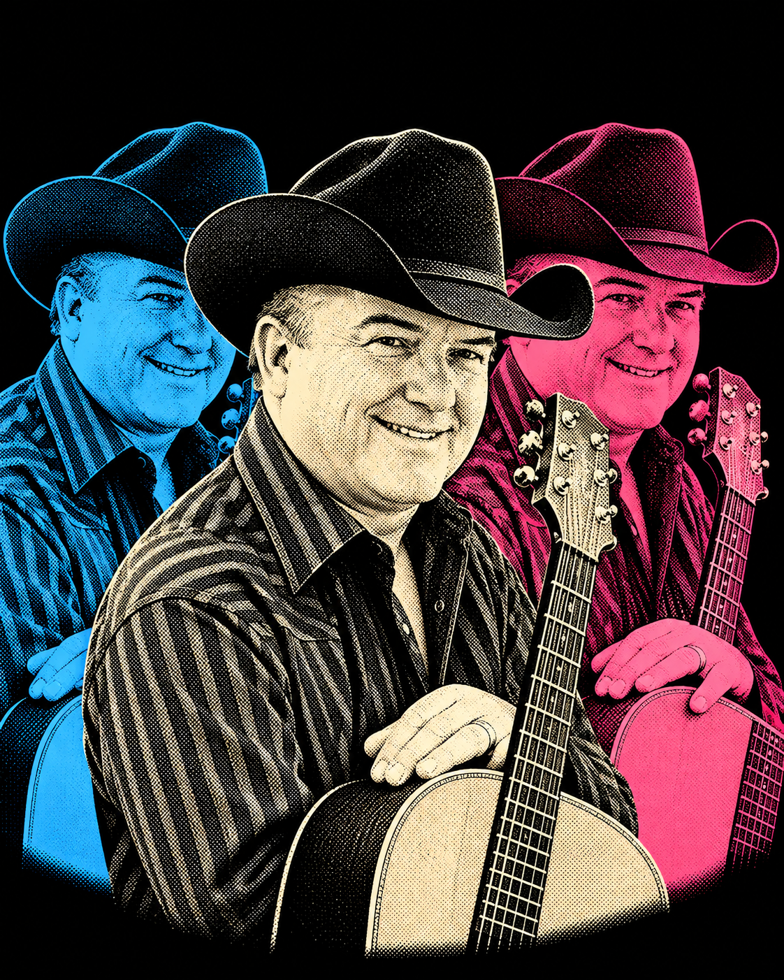 Three overlapping Jack Jackson portraits with guitars in blue, cream and pink