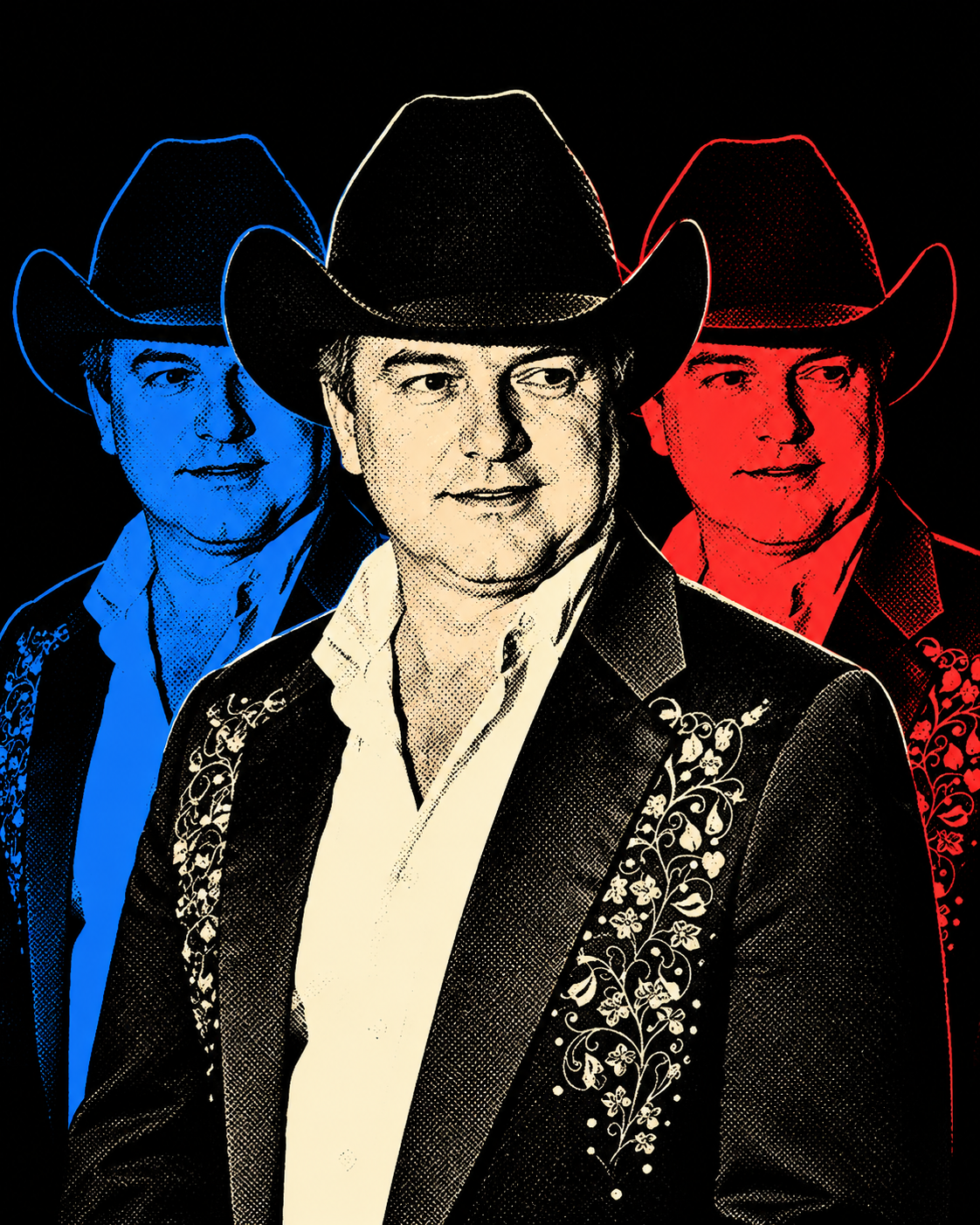 Three overlapping portraits of Jack Jackson wearing cowboy hats in blue, cream and red