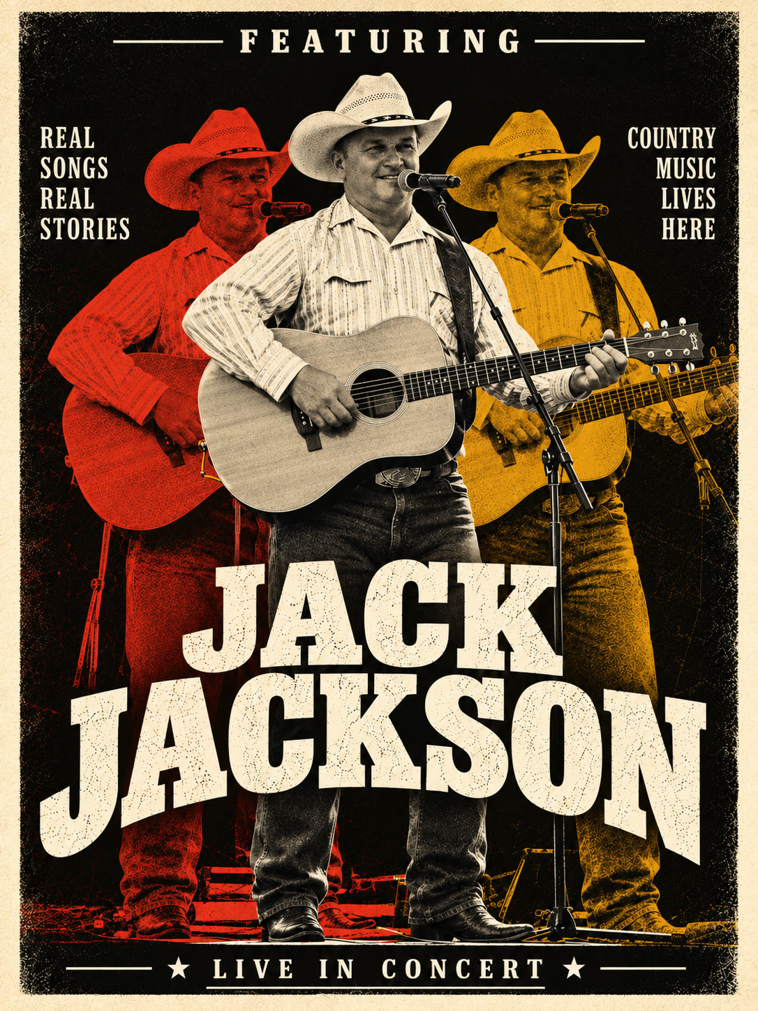 Jack Jackson performing with guitar in cream, red and gold artwork