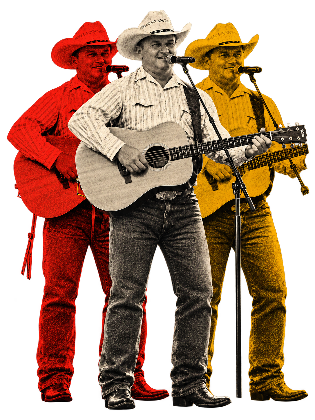 Three overlapping Jack Jackson figures performing with guitars in red, cream and gold