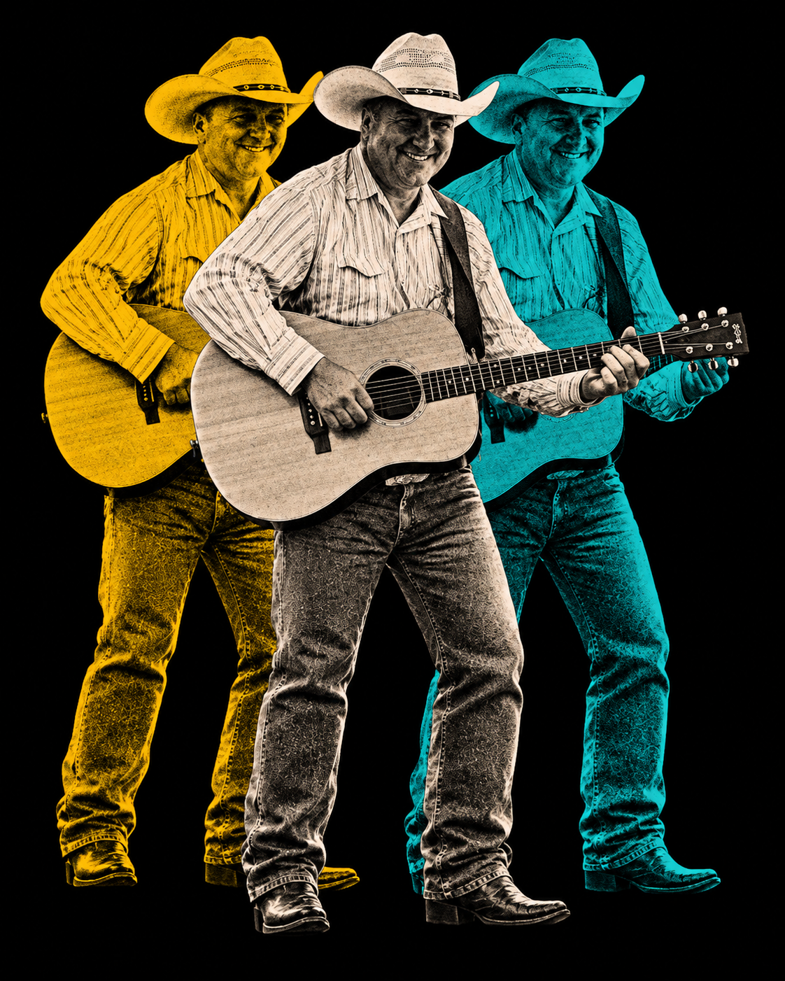 Three overlapping Jack Jackson figures with guitars in gold, cream and turquoise